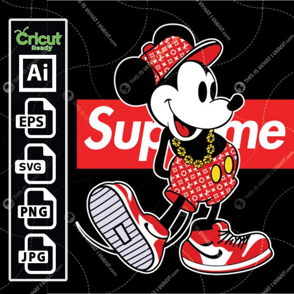 Supreme and Disney Inspired printable logo art with Mickey Mouse Black- vector art design hi quality- Ai, SVG, JPG, PNG, Eps - Cricut Ready