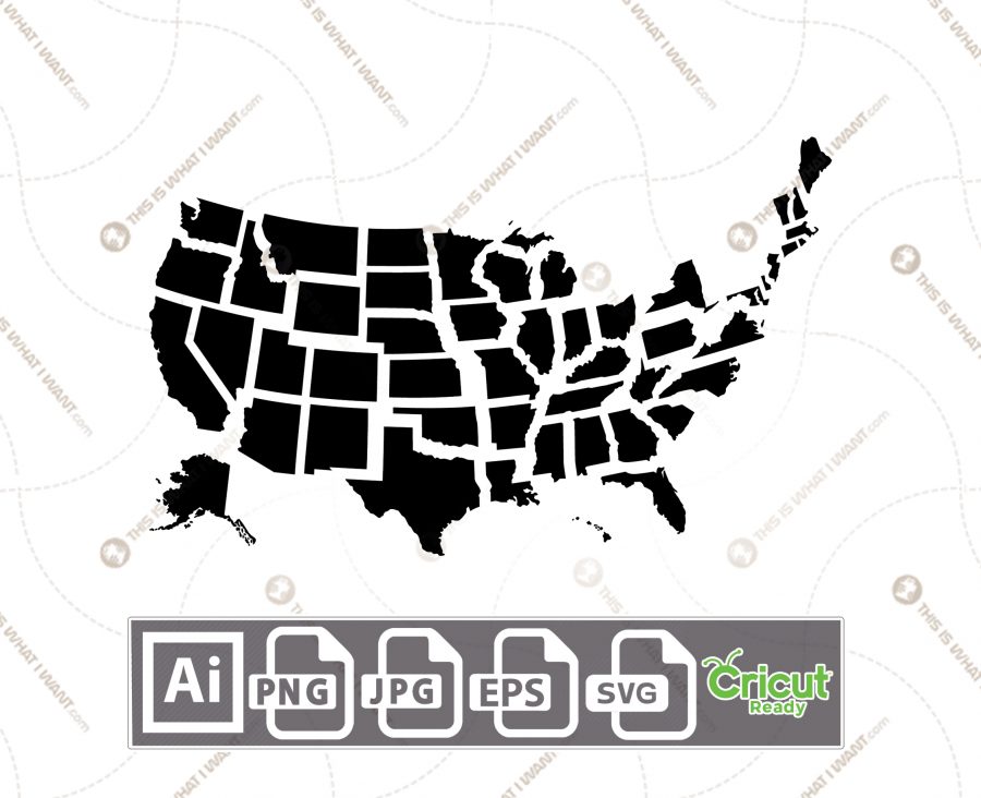 USA Map 50 states Separated With Black Background