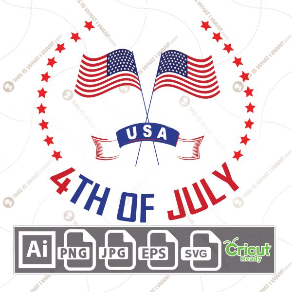 4th of July Red Stars Wrapped Around USA Flag - Print and Cut Hi-Quality Vector Format Files Bundle - Ai, Svg, JPG, PNG, Eps - Cricut Ready