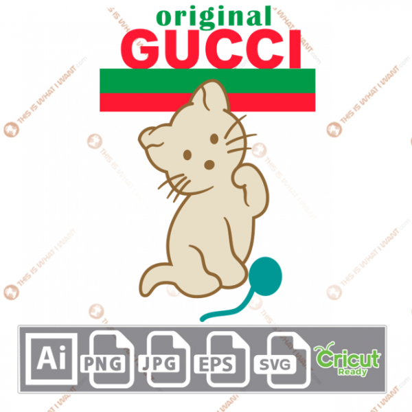 Gucci Cat with Yarn Inspired Vector Art Design – Hi-Quality digital downloadable File bundle – Ai, SVG, JPG, Png, Eps – Cricut Ready