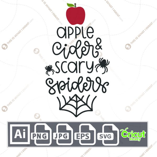 Apple Cider & Scary Spiders Text with Cobweb Design for Halloween - Print n Cut Hi-Quality Vector - Ai, Svg, Jpg, Png, Eps - Cricut Ready