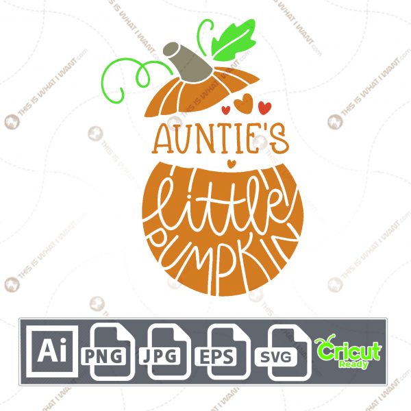 Auntie's Little Pumpkin Text with Hearts Design for Halloween - Print n Cut Hi-Quality Vector Bundle - Ai, Svg, Jpg, Png, Eps - Cricut Ready