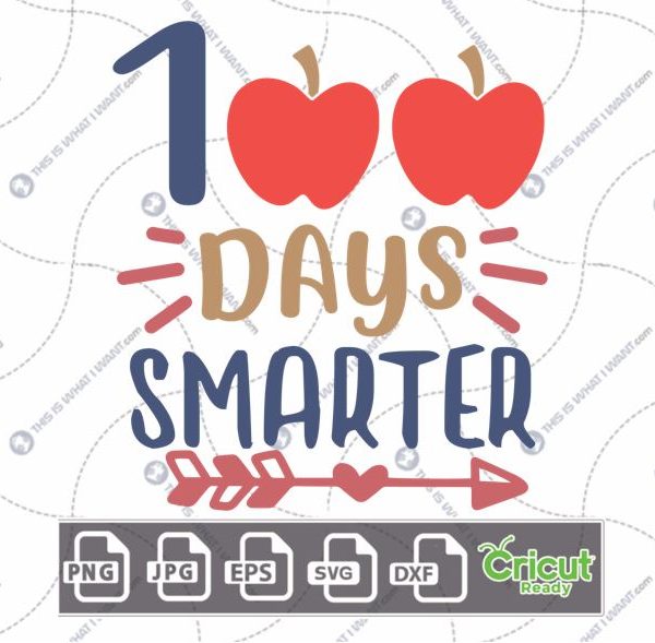 100 Days Smarter Text with Red Apples and Whiskers Design - Print n Cut Hi-Quality Vector Bundle - Dxf, Svg, Jpg, Png, Eps - Cricut Ready
