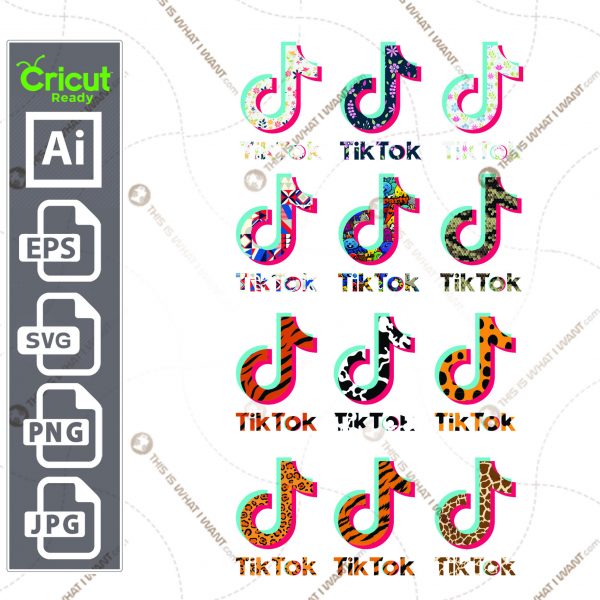 12 different styled Tiktok Inspired Logos - printable graphic art pattern vector art design hi quality Jpg, SVG, AI, PNG, Eps - Cricut Ready