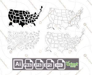 4 Different Styles USA Map 50 States Separated States - Open Layered - Vector art design hi quality- Ai, SVG, JPG, Png, Eps - Cricut Ready