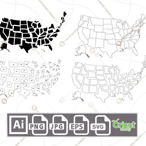 4 Different Styles USA Map 50 States Separated States - Open Layered - Vector art design hi quality- Ai, SVG, JPG, Png, Eps - Cricut Ready