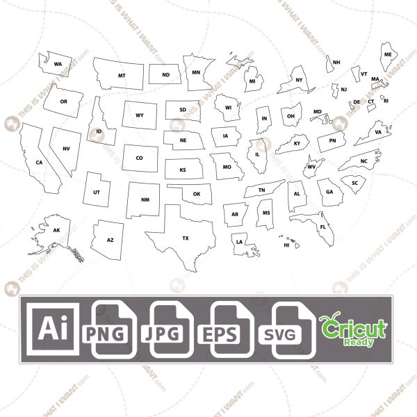 USA Map 50 states Separated With State Initials - Open Layered - Vector art design hi quality- Ai, SVG, JPG, Png, Eps - Cricut Ready