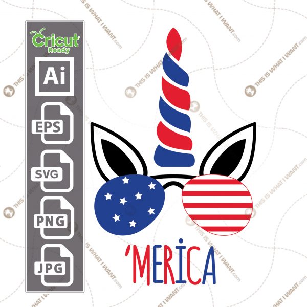 MERICA Unicorn Wearing United States Flag Sunglasses - Print and Cut Hi-Quality Vector Files Bundle - Ai, Svg, Jpg, Png, Eps - Cricut Ready