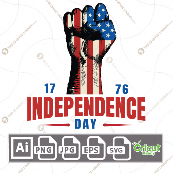 Independence Day 1776 with Hand Flag, Print n Cut Vector Files Bundle - Ai, Svg, Jpg, Png, Eps - Cricut Ready