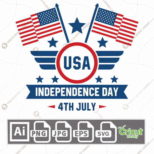 Independence Day USA with American Flags, Print n Cut Vector Files Bundle - Ai, Svg, Jpg, Png, Eps - Cricut Ready