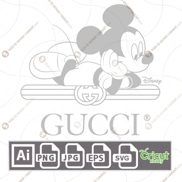 Gucci & Disney Inspired in Metallic Silver printable graphic art Mickey Mouse Laying Down on the logo + vector art design hi quality
