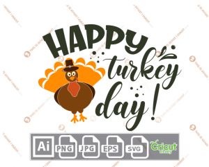 Happy Turkey Day Text with Colorful Turkey Design - Print n Cut Hi-Quality Vector Bundle - Ai, Svg, Jpg, Png, Eps - Cricut Ready