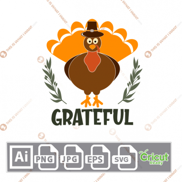 Grateful Text with Big Colorful Turkey Design - Print n Cut Hi-Quality Vector Bundle - Ai, Svg, Jpg, Png, Eps - Cricut Ready