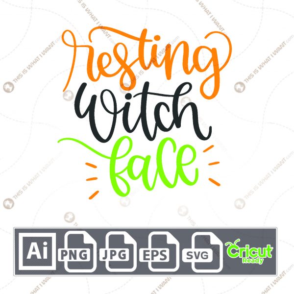 Resting Witch Face in Colorful Cursive Text for Halloween - Print n Cut Hi-Quality Vector Bundle - Ai, Svg, Jpg, Png, Eps - Cricut Ready