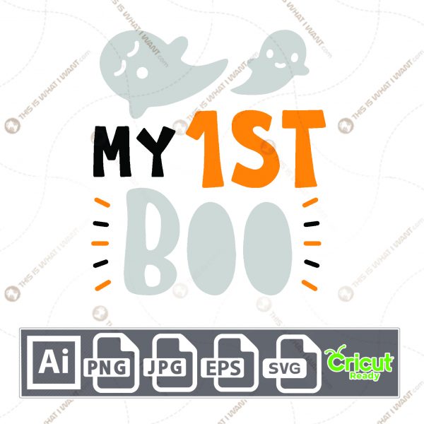 My First Boo Text with Ghosts Design for Halloween - Print n Cut Hi-Quality Vector Bundle - Ai, Svg, Jpg, Png, Eps - Cricut Ready