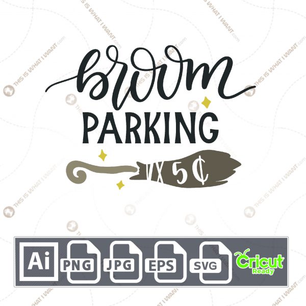 Broom Parking Text with Broomstick Accent for Halloween - Print n Cut Hi-Quality Vector Bundle - Ai, Svg, Jpg, Png, Eps - Cricut Ready