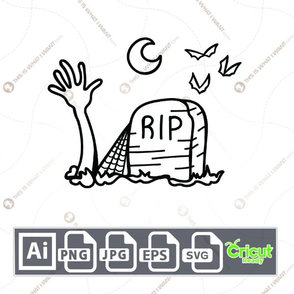 RIP Text with Tombstone and Bats Design for Halloween - Print n Cut Hi-Quality Vector Bundle - Ai, Svg, Jpg, Png, Eps - Cricut Ready
