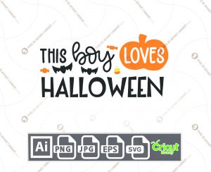 This Boy Loves Halloween Text with Pumpkin and Candies Design - Print n Cut Hi-Quality Vector Bundle - Ai, Svg, Jpg, Png, Eps - Cricut Ready