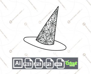 Witch Hat in Black Cobweb Design for Halloween - Print n Cut Hi-Quality Vector Bundle - Ai, Svg, Jpg, Png, Eps - Cricut Ready