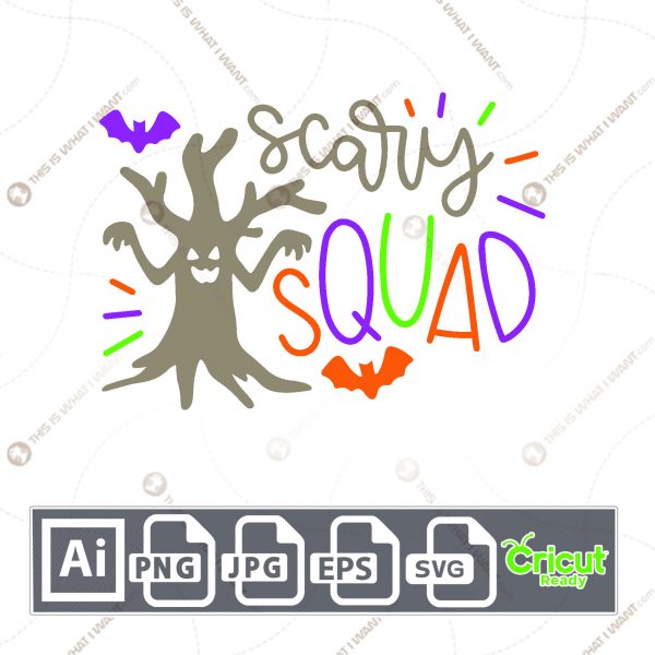 Scary Squad Text with Tree and Bats Design for Halloween - Print n Cut Hi-Quality Vector Bundle - Ai, Svg, Jpg, Png, Eps - Cricut Ready