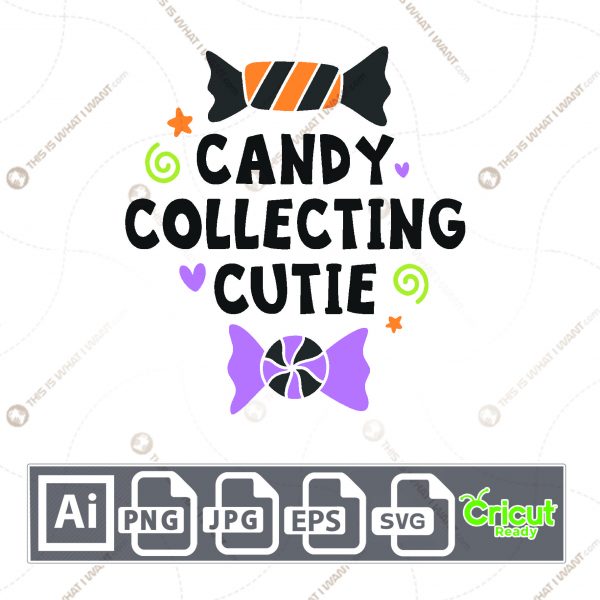 Candy Collecting Cutie Text with Candies Design for Halloween - Print n Cut Hi-Quality Vector Bundle - Ai, Svg, Jpg, Png, Eps - Cricut Ready