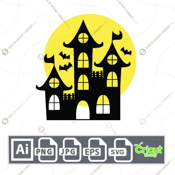 Haunted House with Bats in Black and Yellow Design for Halloween - Print n Cut Hi-Quality Vector - Ai, Svg, Jpg, Png, Eps - Cricut Ready