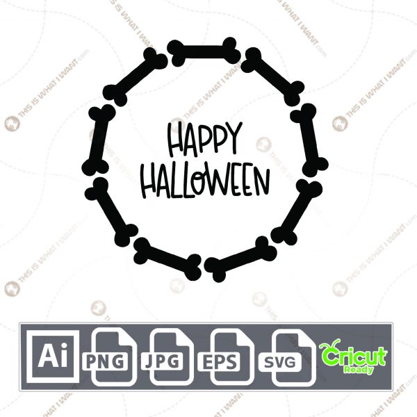Happy Halloween Text in Black Wreath Design for Halloween - Print n Cut Hi-Quality Vector Bundle - Ai, Svg, Jpg, Png, Eps - Cricut Ready