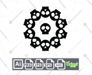Multiple Black Skulls Lined in Circle Design for Halloween - Print n Cut Hi-Quality Vector Bundle - Ai, Svg, Jpg, Png, Eps - Cricut Ready