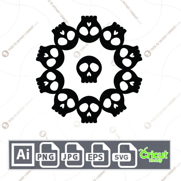 Multiple Black Skulls Lined in Circle Design for Halloween - Print n Cut Hi-Quality Vector Bundle - Ai, Svg, Jpg, Png, Eps - Cricut Ready