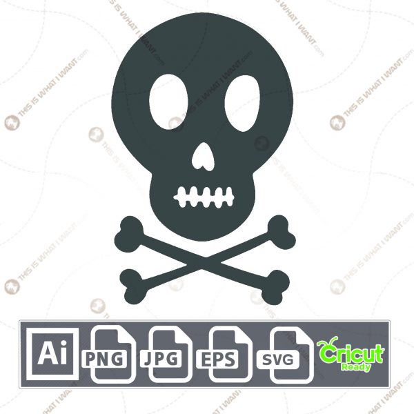Skull with Two Bones in Grey Color Design for Halloween - Print n Cut Hi-Quality Vector Bundle - Ai, Svg, Jpg, Png, Eps - Cricut Ready