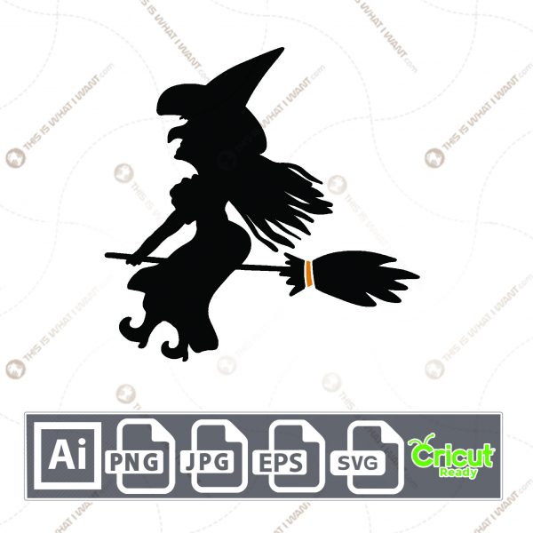 Black Witch in Broomstick Design for Halloween - Print n Cut Hi-Quality Vector Bundle - Ai, Svg, Jpg, Png, Eps - Cricut Ready