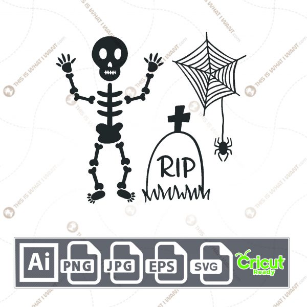 RIP Skeleton Design for Halloween - Print n Cut Hi-Quality Vector Bundle - Ai, Svg, Jpg, Png, Eps - Cricut Ready