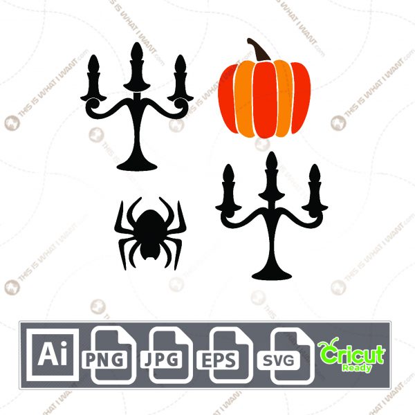 Candlesticks, Pumpkin, and Black Spider Design for Halloween - Print n Cut Hi-Quality Vector Bundle - Ai, Svg, Jpg, Png, Eps - Cricut Ready