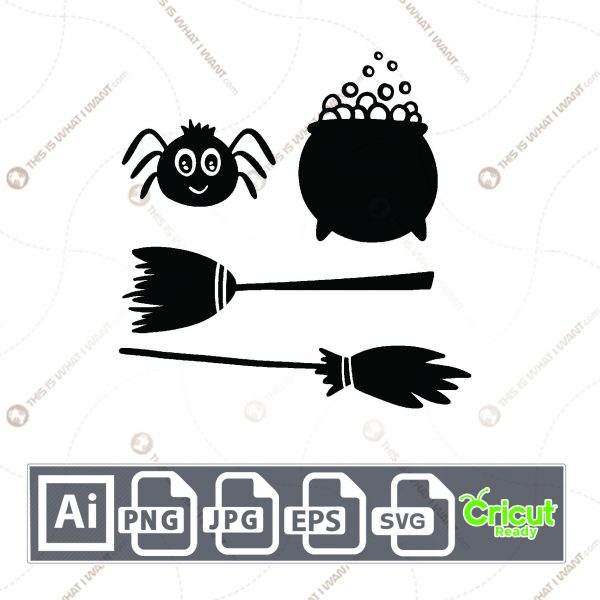 Black Witch Broom, Brew, and Spider Design for Halloween - Print n Cut Hi-Quality Vector Bundle - Ai, Svg, Jpg, Png, Eps - Cricut Ready