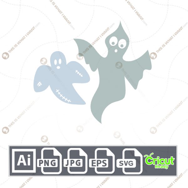 Two Grey Ghost Design for Halloween - Print n Cut Hi-Quality Vector Bundle - Ai, Svg, Jpg, Png, Eps - Cricut Ready