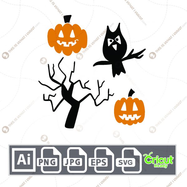 Pumpkin, Owl, and Tree Design for Halloween - Print n Cut Hi-Quality Vector Bundle - Ai, Svg, Jpg, Png, Eps - Cricut Ready