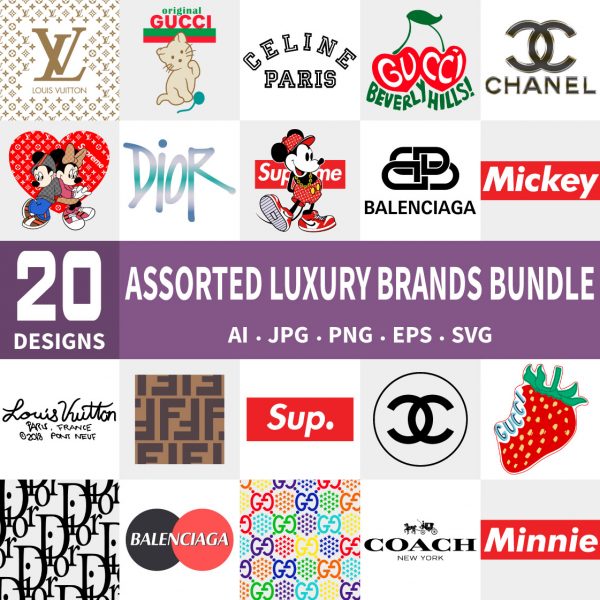 Assorted Luxury Brands Bundle - 20 designs - Print n Cut Hi-Quality Vector Bundle - Ai, Svg, Jpg, Png, Eps - Cricut Ready