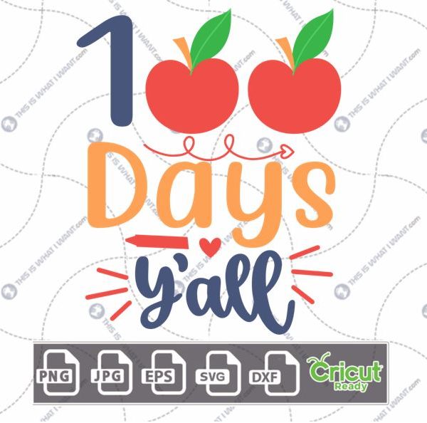 100 Days Y'all Text with Red Apples and Whiskers Design - Print n Cut Hi-Quality Vector Bundle - Dxf, Svg, Jpg, Png, Eps - Cricut Ready