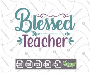 Blessed Teacher in Blue and Violet Text with Whiskers Design - Print n Cut Hi-Quality Vector Bundle - Dxf, Svg, Jpg, Png, Eps - Cricut Ready