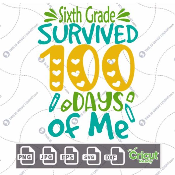 Sixth Grade Survived 100 Days of Me Text in Colorful Design - Print n Cut Hi-Quality Vector Bundle - Dxf, Svg, Jpg, Png, Eps - Cricut Ready