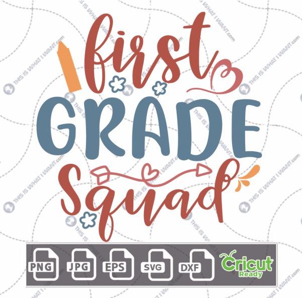 First Grade Squad Text with Blue Flowers & Arrow Design - Print n Cut Hi-Quality Vector Bundle - Dxf, Svg, Jpg, Png, Eps - Cricut Ready