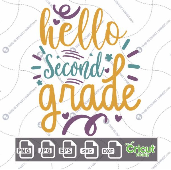 Hello Second Grade Text with Whiskers and Curls Design - Print n Cut Hi-Quality Vector Bundle - Dxf, Svg, Jpg, Png, Eps - Cricut Ready