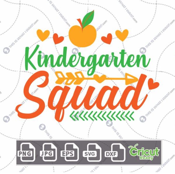 Kindergarten Squad in Cursive Text with Hearts Design - Print n Cut Hi-Quality Vector Bundle - Dxf, Svg, Jpg, Png, Eps - Cricut Ready
