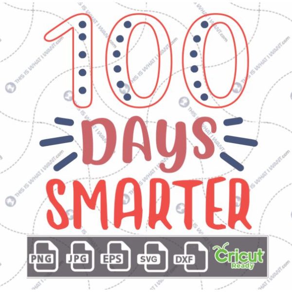 100 Days Smarter Text with Blue Dots and Whiskers Design - Print n Cut Hi-Quality Vector Bundle - Dxf, Svg, Jpg, Png, Eps - Cricut Ready