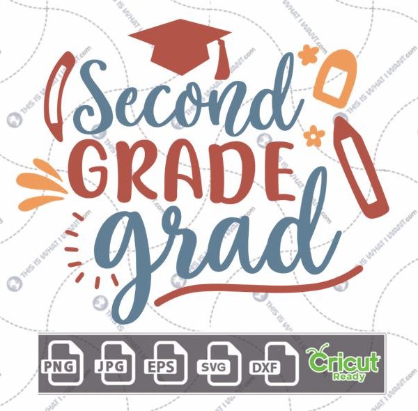 Second Grade Grad Text with Red Pencils & Toga Hat Design - Print n Cut Hi-Quality Vector Bundle - Dxf, Svg, Jpg, Png, Eps - Cricut Ready