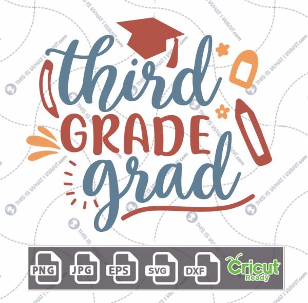 Third Grade Grad Text with Red Pencils & Toga Hat Design - Print n Cut Hi-Quality Vector Bundle - Dxf, Svg, Jpg, Png, Eps - Cricut Ready