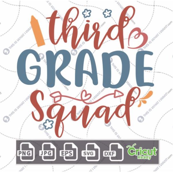 Third Grade Squad Text with Blue Flowers & Red Arrow Design - Print n Cut Hi-Quality Vector Bundle - Dxf, Svg, Jpg, Png, Eps - Cricut Ready