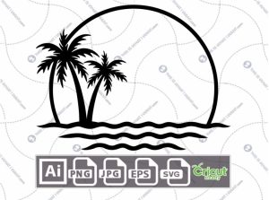 Coconut Trees with Sun Printable Art Design - Hi-Quality Vector Bundle - Ai, Svg, Jpg, Png, Eps Formats - Cricut Ready
