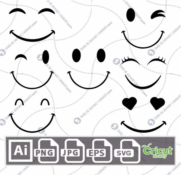 Different Smileys Printable Art Design - Hi-Quality Vector Bundle - Ai, Svg, Jpg, Png, Eps Formats - Cricut Ready