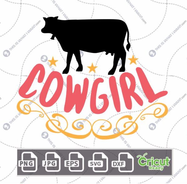 Cowgirl Text with Cow Art Design - Hi-Quality Vector in Ai, Svg, Jpg, Png, Eps Formats - Cricut Ready